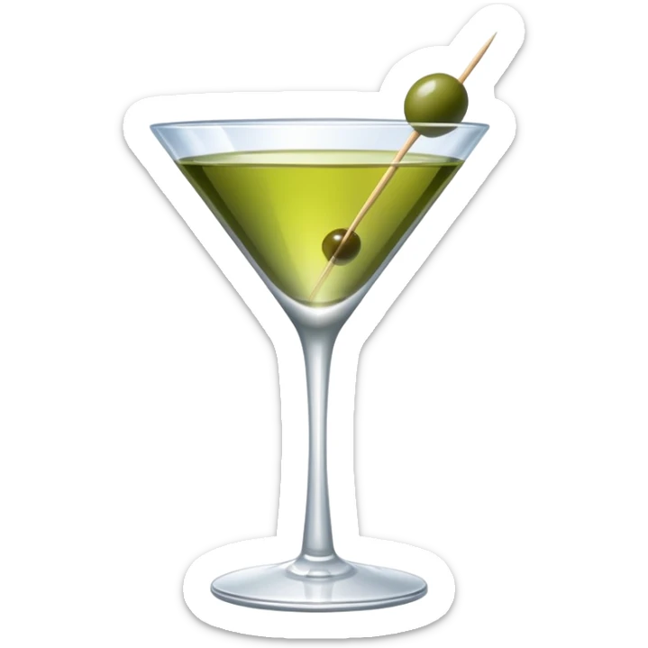 martini glass with clear liquid and an olive at the bottom skewered by a toothpick sticker