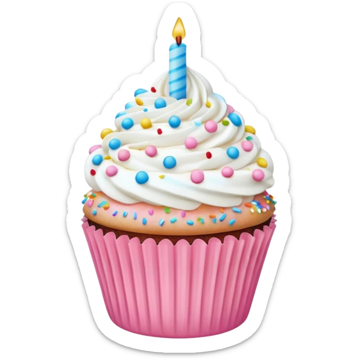 birthday cupcake with white cream, and colorful sprinkles on the top. IOS emoji style. Use pastel colors. pink, sky blue, white. sticker