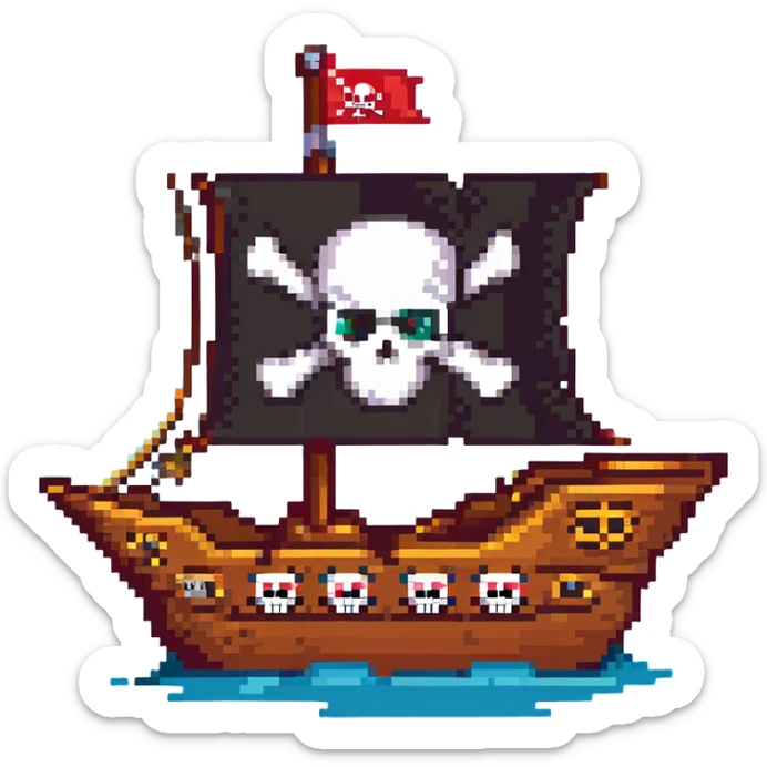 A pirate ship sailing on the open sea, with a skull and crossbones flag flying high, and pirates wearing bandanas and eye patches sticker