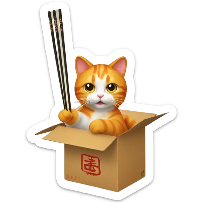 Orange cat eating cat with chopsticks in Chinese take out box with a paw hanging out the side sticker