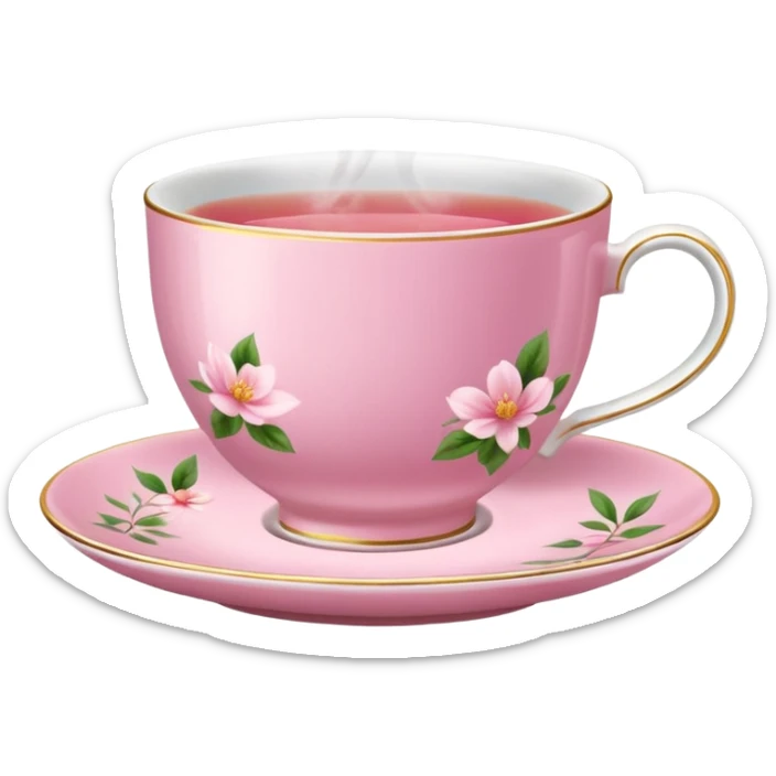 pink teacup filled with tea, placed on a matching pink saucer, with gentle steam rising from the cup.  sticker