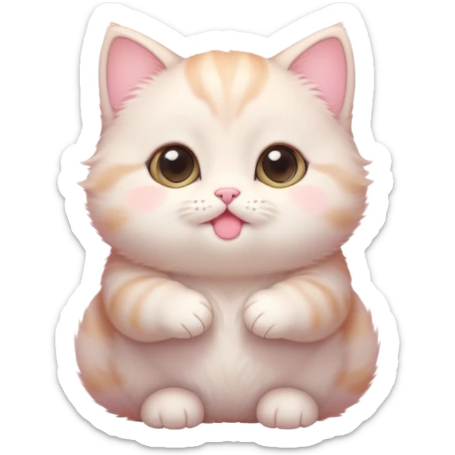 Cinematic chubby pastel kitten, big round eyes full of wonder, tiny paws reaching up, soft fluffy fur glowing in warm light, delicate heart-shaped nose, irresistibly cute and snuggly. sticker