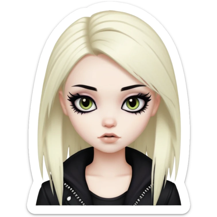 emo alternativ hair, pale skin,  dark iris, pretty bratz baddie, strong black eyeliner sticker