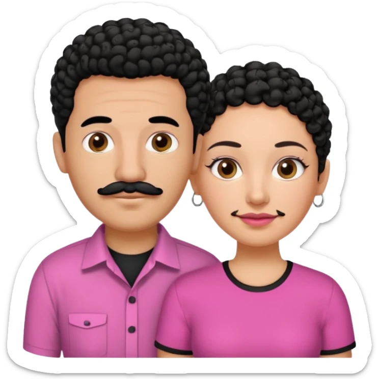 A picture if a couple, the man is a Mexican man with really short almost bald black hair and a trimmed mustache, a black shirt on. the woman is mixed with black and white, with curly hair and a pink shirt on sticker