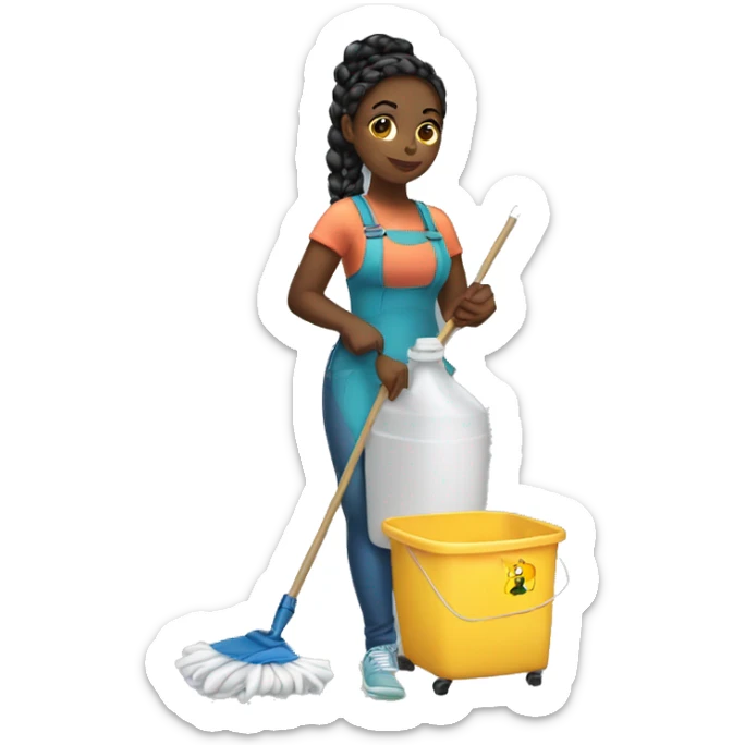 A thick black girl with braids in a ponytail standing cleaning supplies sticker