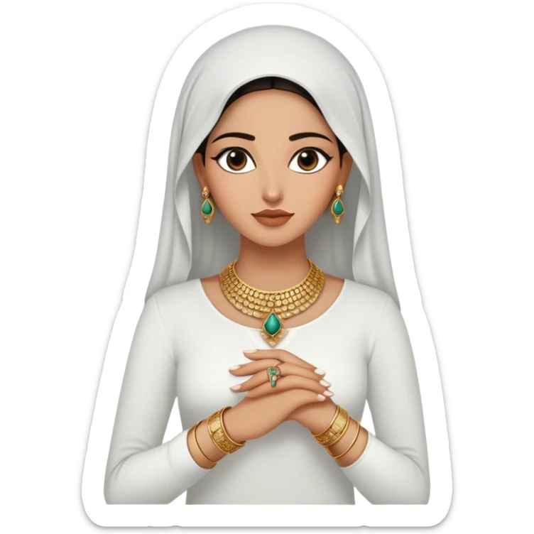 The Palestinian woman, partially visible, wears a white long-sleeve top. Her accessories steal the spotlight—intricately designed gold bangles, statement rings, and layered necklaces—each piece exuding heritage and craftsmanship.  sticker