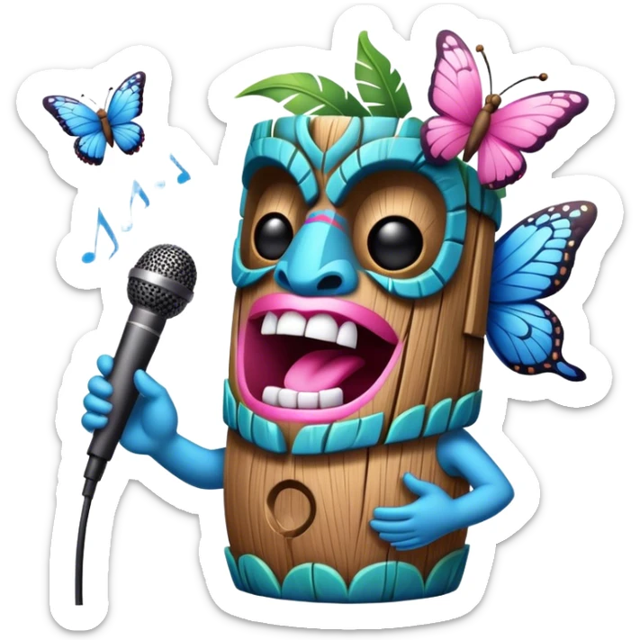 Cartoon Blue and pink tiki singing with butterfly and in the mikrophone sticker