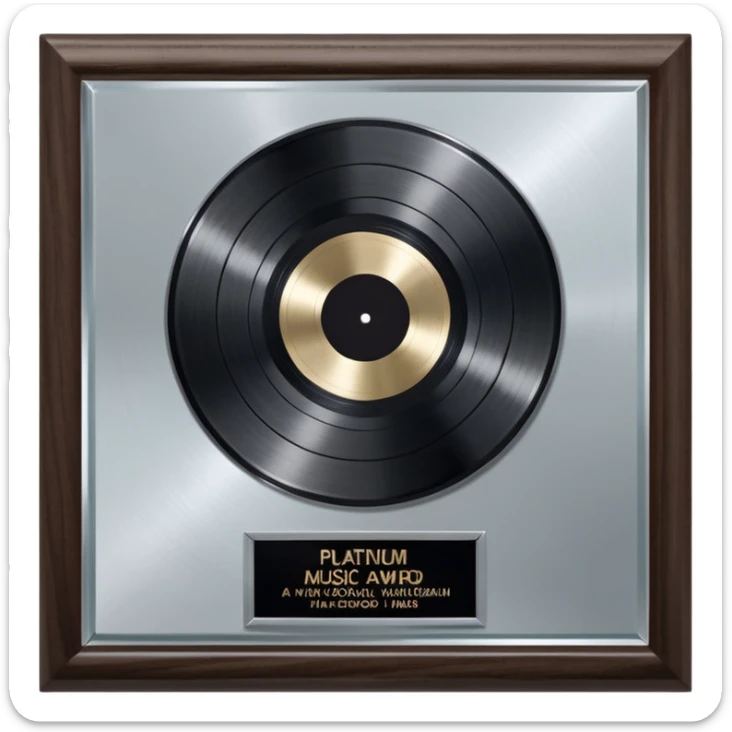 A platinum music award plaque: a square, polished platinum plate with a subtly textured, mirror-like finish, mounted on a simple dark wood base. The center features a relief of a or stylized vinyl record in a slightly darker metallic tone.  sticker