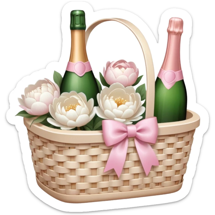 White Picnic basket with light pink bow and white peonies and a pink champage bottle inside sticker
