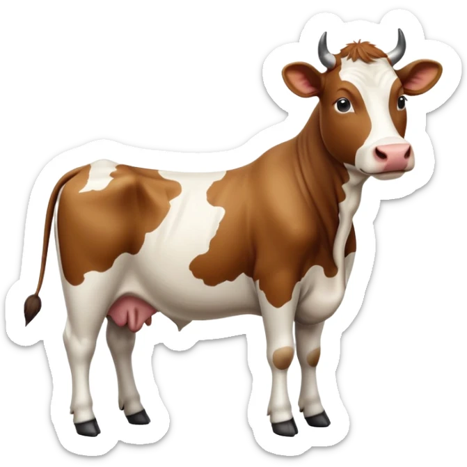 cinematic-[brown and white cow]-realistic-full-body-standing-emoji,-tail-flicking-lazily,-head-tilted-dramatically,-sleek-[brown and white]-coat,-simplified-yet-realistic-focused-features,-highly-detailed,-glowing-with-an-almost-sarcastic-glow sticker