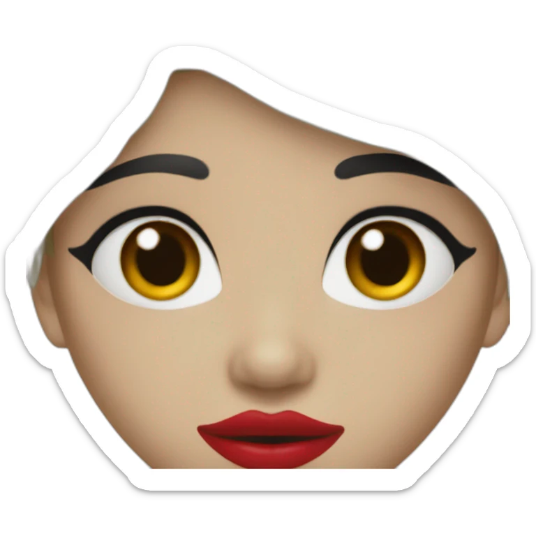 straight black hair,red lipstick,black eyes, white skin and a small nose sticker