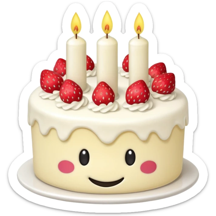 Jellycat vanilla cake with white frostting and strawberries on top with one candle with smiley face sticker