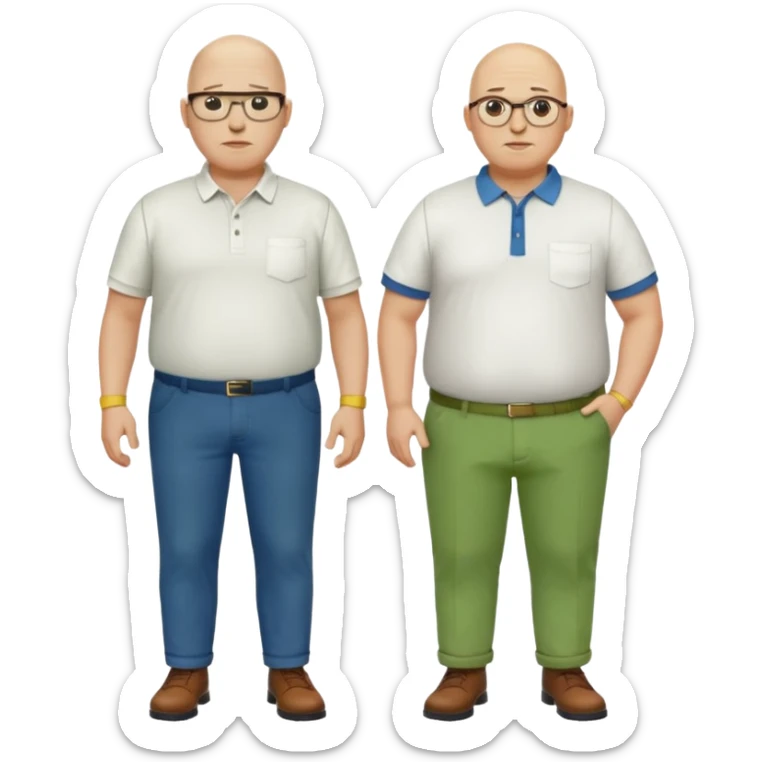 two guys, the first guy is white bald have glases a white dressshirt with rolled up sleeves and green pants he is over weight, The second guy has a yellow skin tone white golf shirt blue jeans and bald they should stand next to eachother sticker