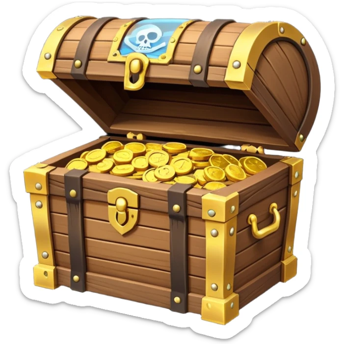pirate treasure chest object icon, wooden chest with gold details, slightly open with coins, 3D cartoon, mobile game icon style, centered, clean background, no text, no watermark
 sticker