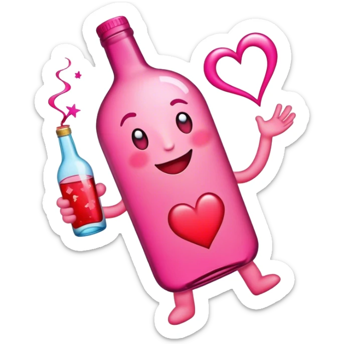 A heart emoji with a dizzy, playful expression, holding a bottle of alcohol in one hand, swaying slightly as if tipsy, with swirls or stars around it to symbolize drunkenness sticker