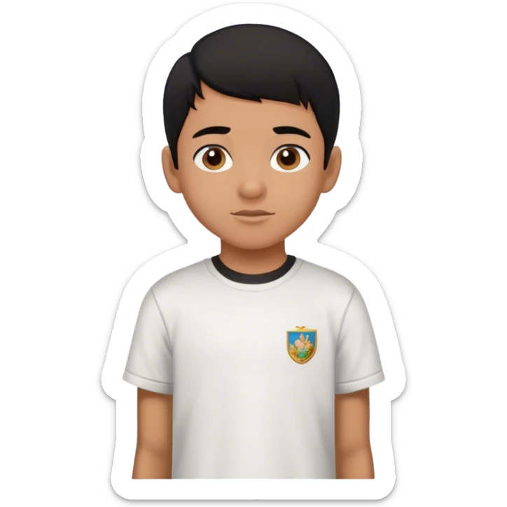 latin boy, black hair, wearing a school T-shirt sticker
