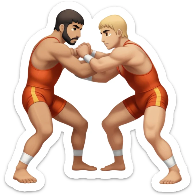 An icon symbolizing Greco-Roman wrestling, showing two wrestlers locked in a powerful grip, focusing on upper-body techniques. The background features a wrestling mat, with the athletes wearing traditional singlets. Transparent background highlights the strength and skill of the sport. sticker