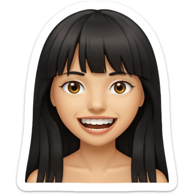 Woman a little tan with long black hairs and bangs, appearing teeth sticker