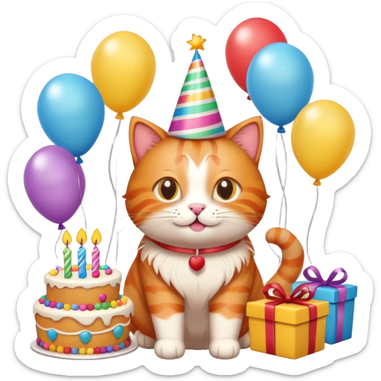 Ginger cat celebrates birthday, birthday hat, birthday cake, balloons, happy, gifts sticker