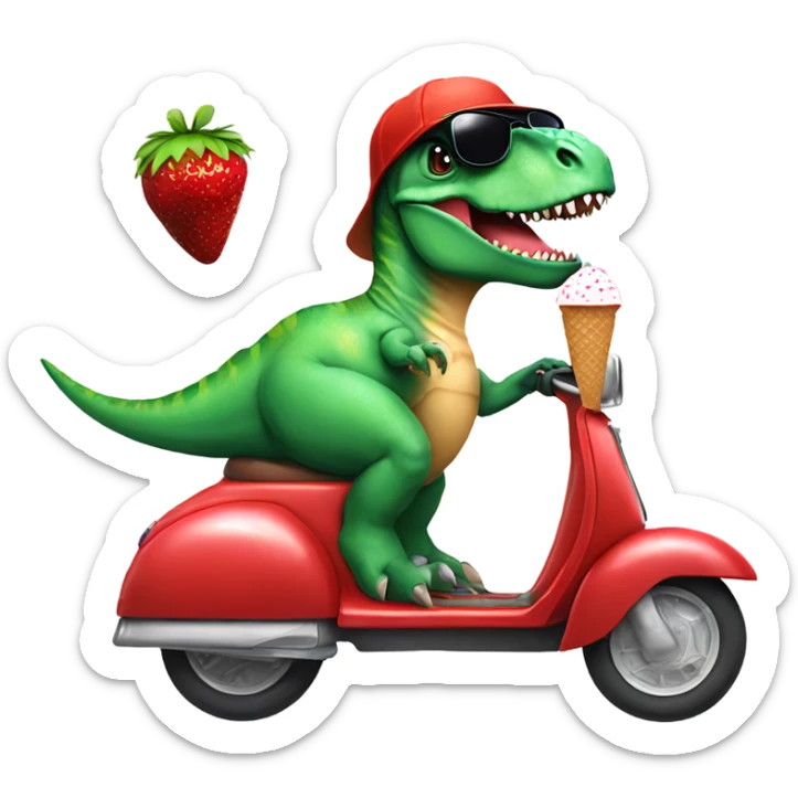 Dinosaur wearing sunglasses on scooter with a ice cream hat eating a bow of strawberries  sticker