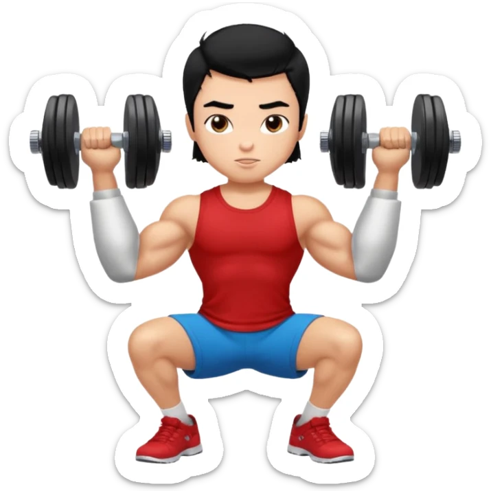 a pretty bratz boy with black hair and a red tshirt, big biceps picking up dumbells sticker