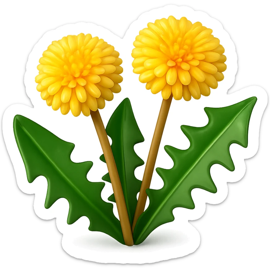 Create a 3D illustration of two dandelions in the style of iOS Apple emojis, featuring volumetric yellow flowers and green leaves, on a transparent background. The style should mimic the detailed and polished look of Apple emojis with a 3D effect. sticker