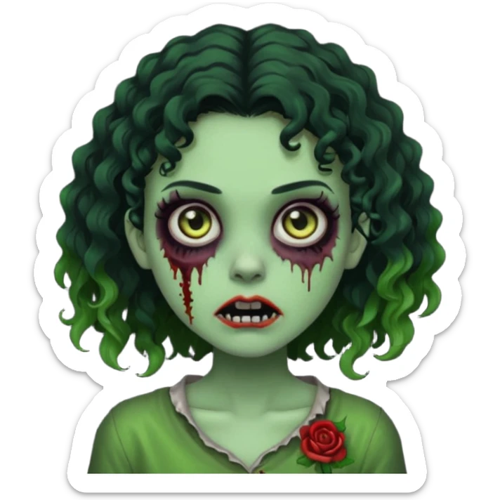 uma garota zumbi assustadora da pele verde e com cabelo 3b cacheado repartido ao meio preto curto ate o ombro sticker