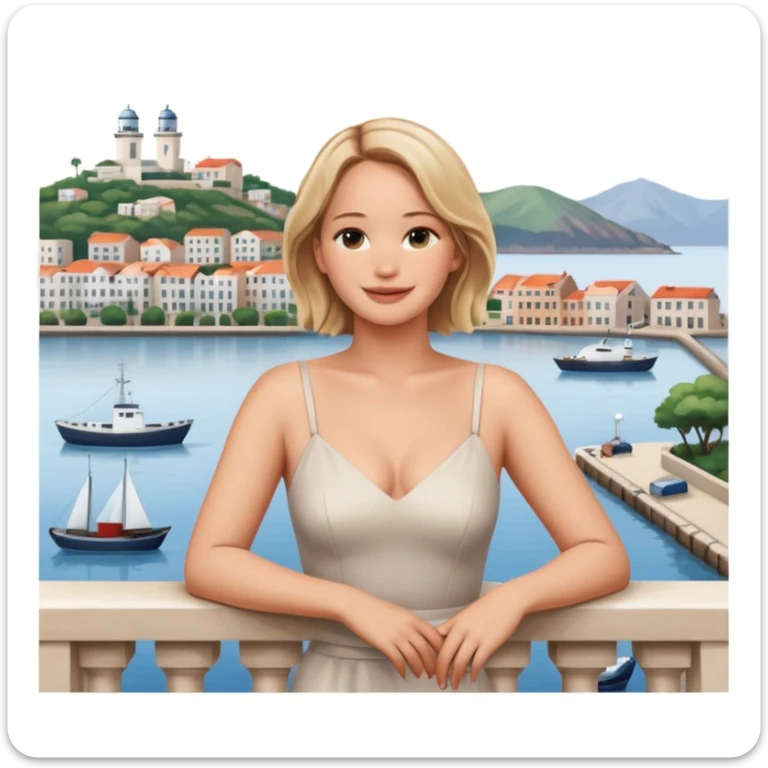 jennifer lawrence, leaning on a balcony with a harbor and cityscape in the background, smiling, closeup portrait  sticker