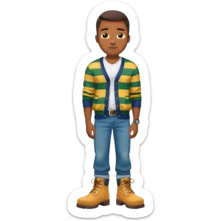 Handsome Black guy with brown skin tone, with lean muscular build, wearing baggy blue jeans, a white v-neck t-shirt, a yellow and green striped cardigan sweater, and timberland boots  sticker