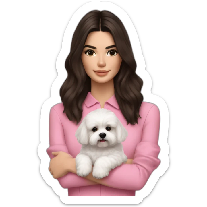 brunette Kendall Jenner with long hair holding on the hands white maltipoo in pink collar sticker