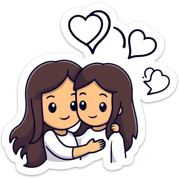 A couple embracing each other. The man has mestizo skin tone, slightly long dark brown straight hair. The woman has light skin, long dark brown hair. White hearts floating around them. sticker