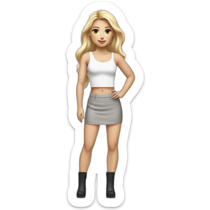 hyperrealist caucasian female with long blonde hair brown eyes white strap low cut tank top gray tight mini skirt black high heeled shoes sticker