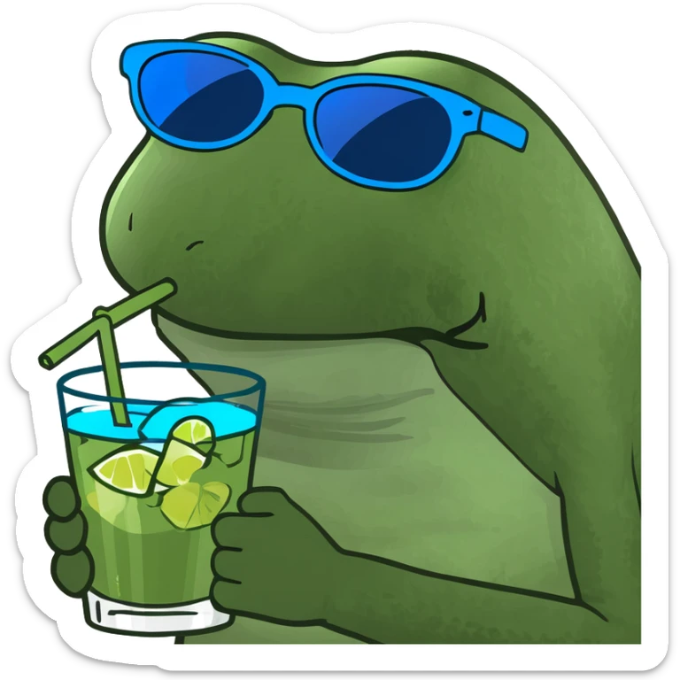 Bufo frog with blue sunglasses, sipping a green cocktail, in bufo style, transparent background sticker