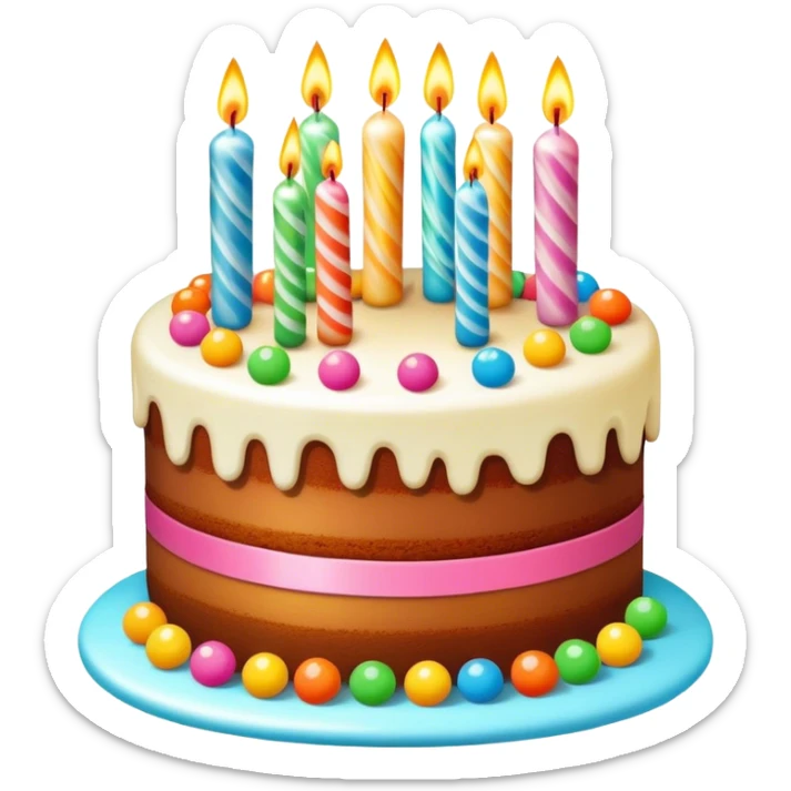 Colorful layer birthday cake with candy, bumble gums balls and sparkling candles sticker