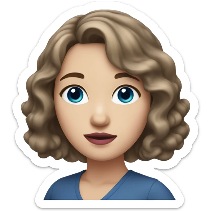 A white woman with wavy medium brown shoulder-length hair, pink lips, and blue eyes, on a white background sticker