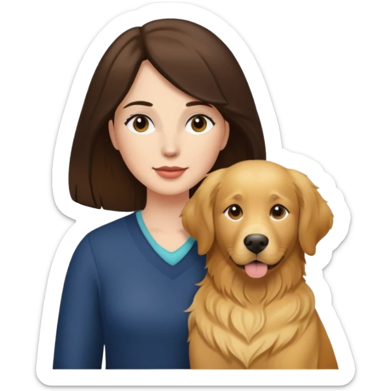 White woman with dark brown hair and a golden retriever sticker