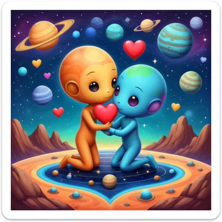 Cute cosmic scene with heart planets and small alien couples kissing and hugging on the planets, colorful solar system sticker