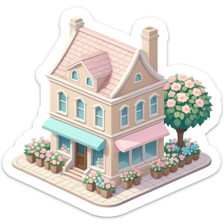 isometric exterior little beige and white bookshop with abundant pastel florals everywhere sticker