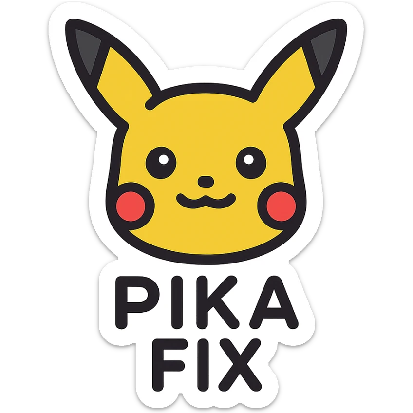 icon of Pikachu's head with the text 'PIKA' in uppercase below and 'FIX' in uppercase below that, clear and cute style sticker