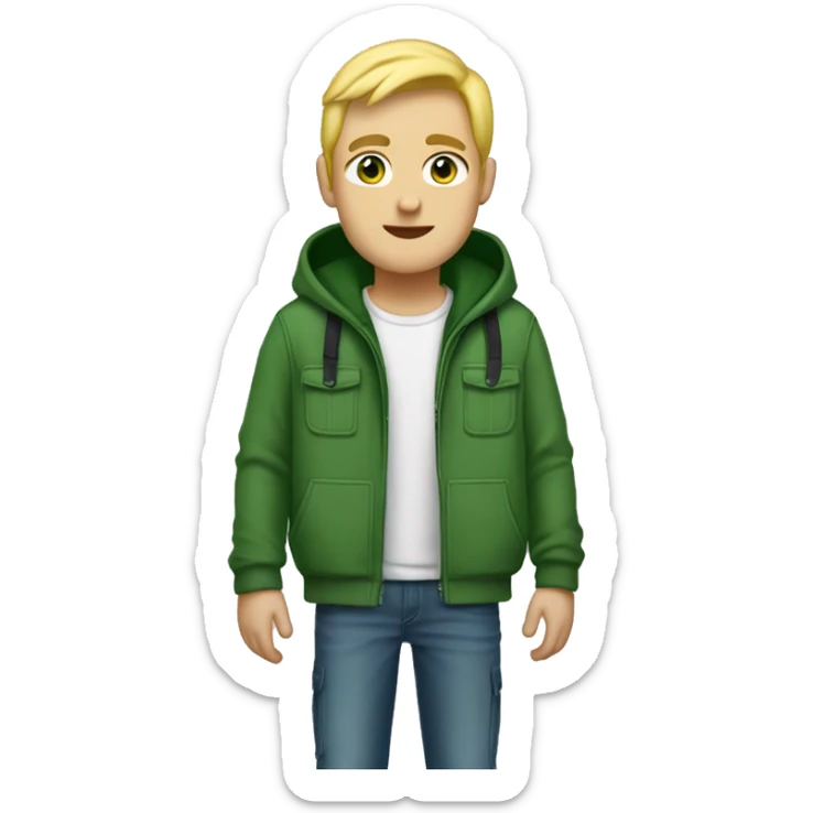 A tall guy with blonde hair, a little bit chubby but not much, green eyes, green cap and green hoodie with cargo jeans black sticker