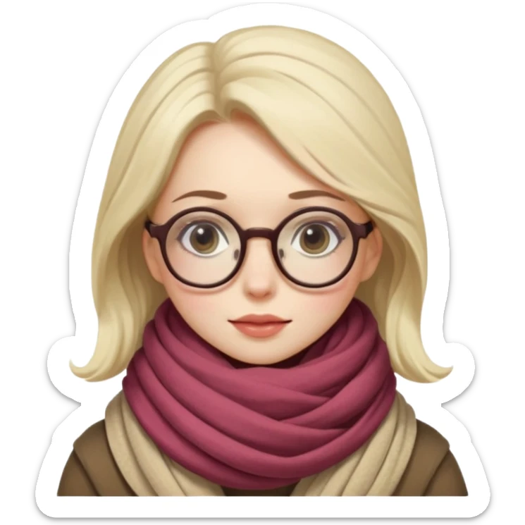 A shy woman with big round glasses and thick scarf, blushing from the cold. sticker
