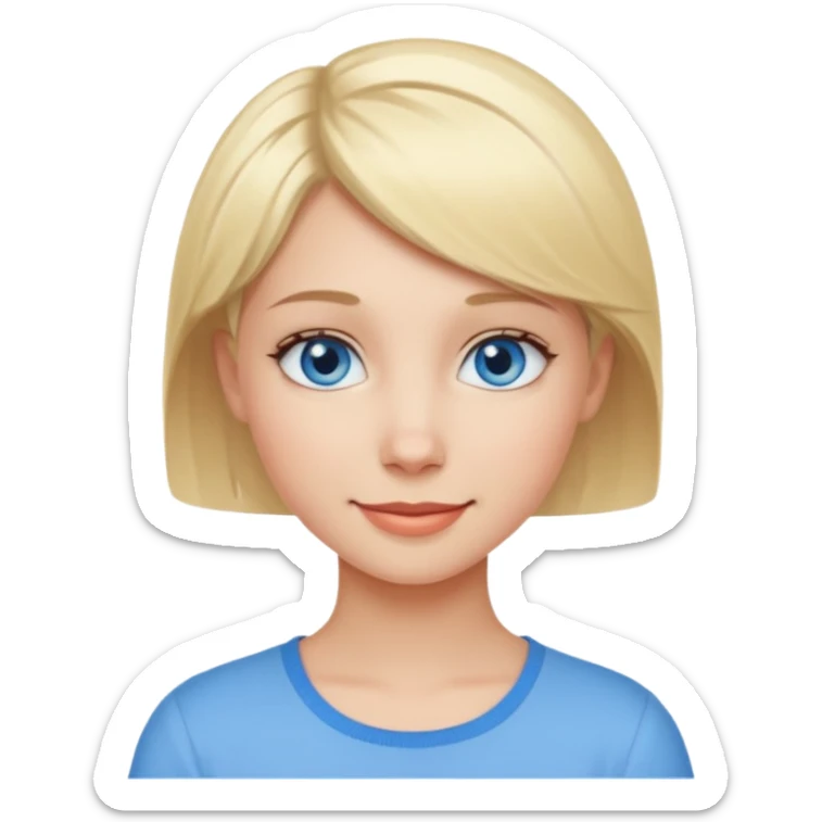 A girl with blue eyes and short blonde hair. She is smiling. sticker