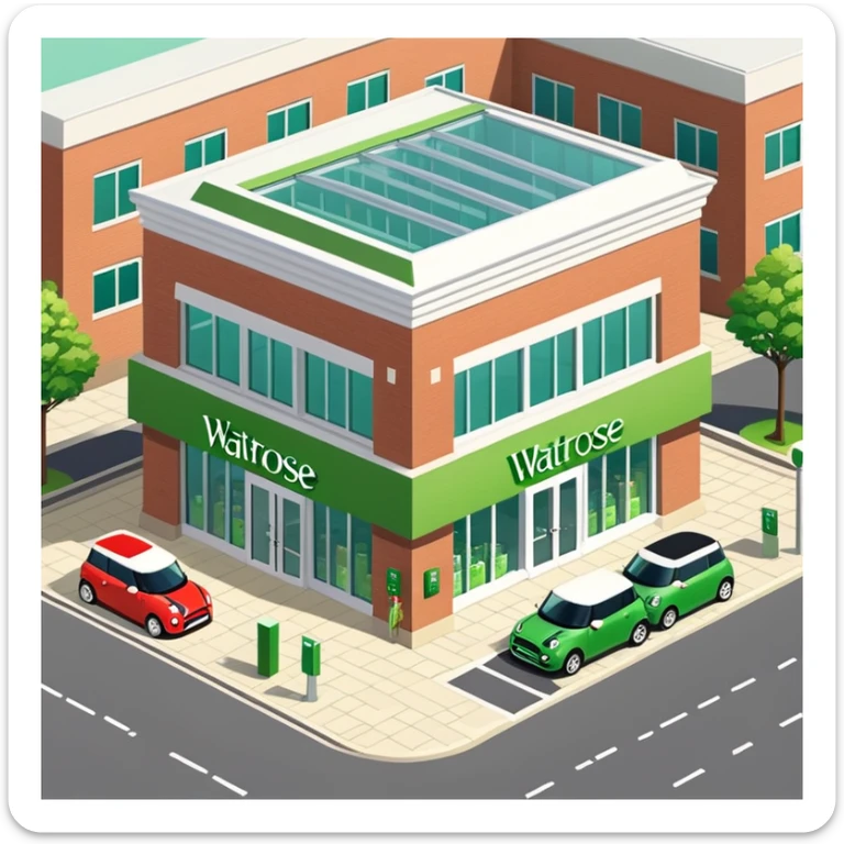 Isometric Waitrose supermarket building with green branding, brick exterior, glass entrance, British parking area with Mini Cooper cars sticker