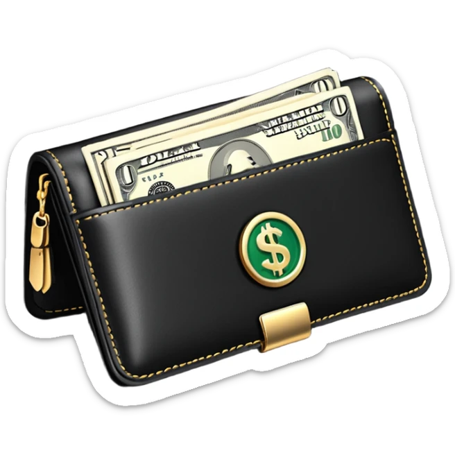 Rich emoji style black leather wallet with dollar bills, luxury money vibe, premium 3D emoji, ultra clean, high detail, no background sticker