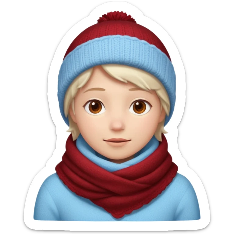Fantasy human portrait emoji, deep red winter scarf covered with light frost, cozy but cold winter mood, slightly rosy cheeks, icy blue shadows, clean minimal emoji style, male/female variant
 sticker
