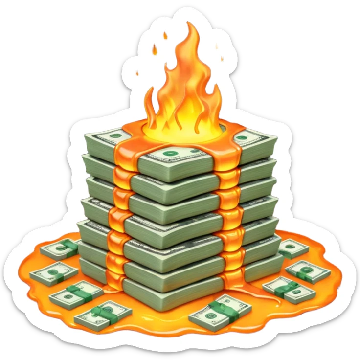 Transform the stack of money into lava money: make the bills appear to be melting and turning into glowing, molten lava with realistic textures and dramatic lighting. Keep the background transparent. The style should reflect a realistic molten lava effect with glowing and melting details. sticker