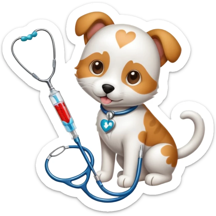 An icon featuring a stethoscope, a paw print, and a veterinary syringe, symbolizing veterinary medicine. The design includes a dog, a cat, and a heart, representing animal care, treatment, and health. Transparent background highlights the science of veterinary practice and animal welfare. sticker