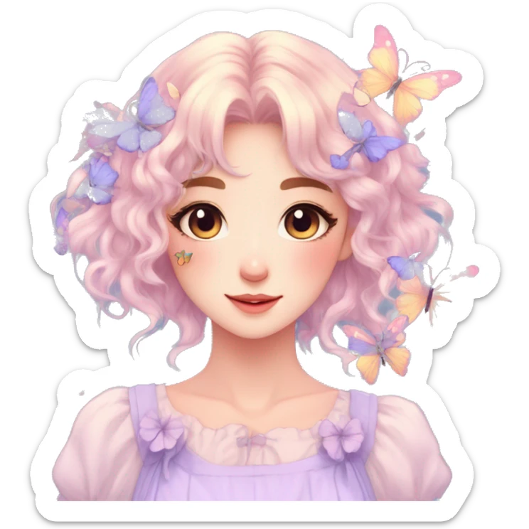 gorgeous pretty anime pastel lady with butterflies and beautiful hair fairycore cottagecore sticker