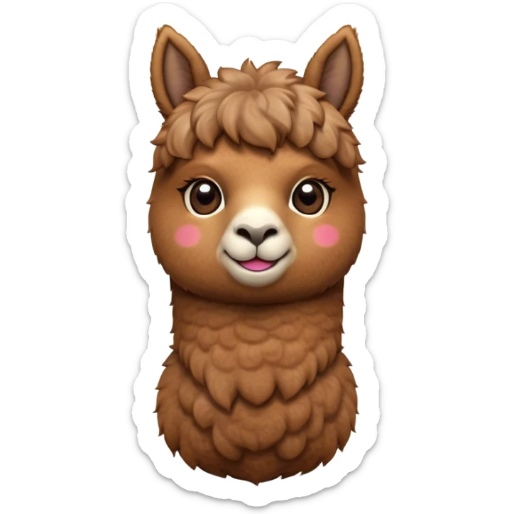 Cinematic Cute Brown Alpaca Portrait Emoji, Head tilted playfully and inquisitively, featuring a plush, rich brown fleece with a natural sheen, round, sparkling warm eyes filled with curiosity, Simplified yet irresistibly adorable features, highly detailed, glowing with a warm, friendly glow, high shine, affectionate and gentle, stylized with a touch of whimsy, bright and endearing, soft glowing outline, capturing the essence of a mischievous yet loving alpaca, so playful it feels like it could prance out of the screen and into your arms! sticker