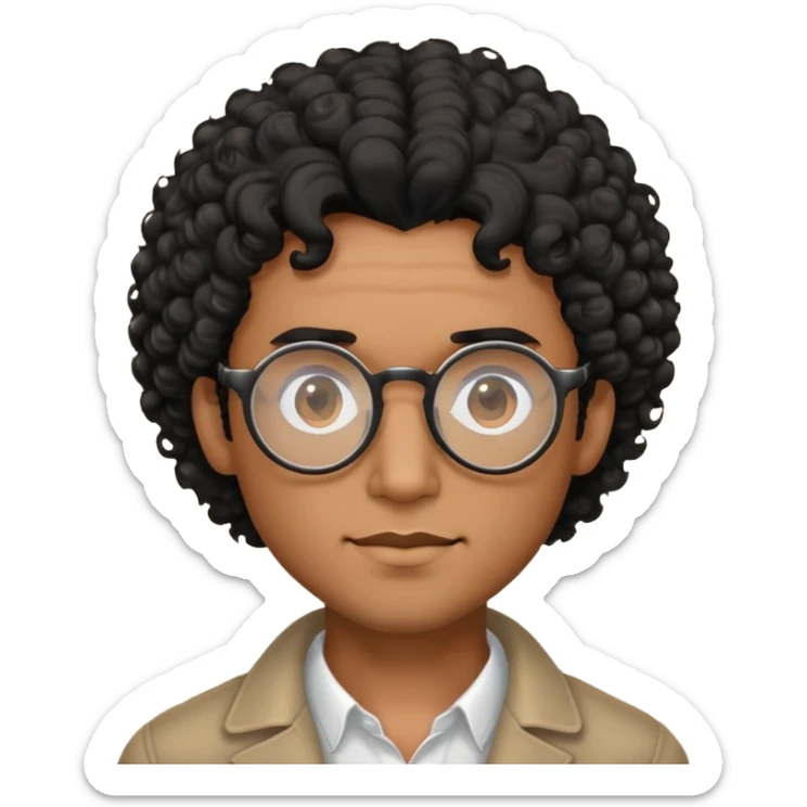 a man with curly hair and circular glasses and a bears with brown skin  sticker